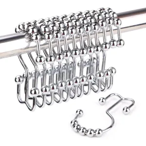 12PCS Rustproof Shower Curtain Rings, Stainless Steel Heavy Duty Roller Double Glide Shower Hooks for Bathroom Shower Rods Curtains Liners, Polished Chrome, Set of 12