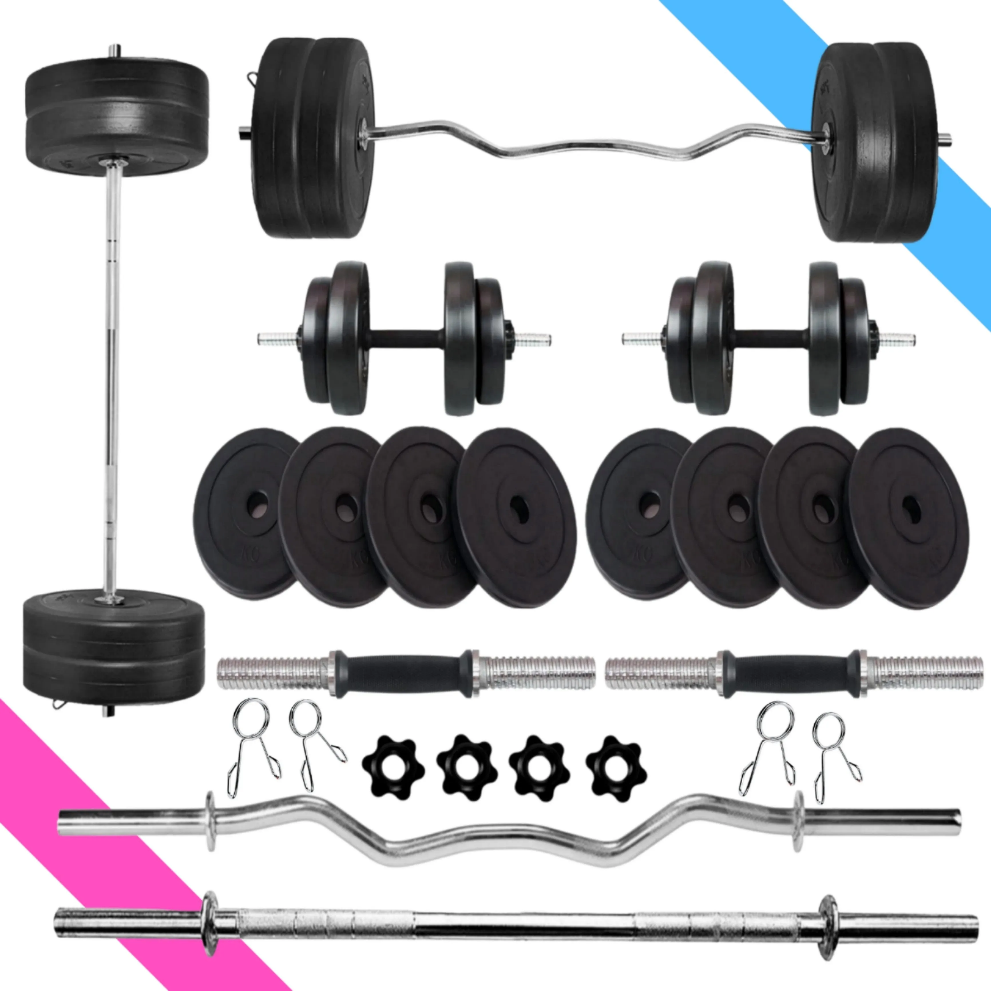 16 kg Home Gym Combo | Home Gym Set | 3ft Curl Rod | 3ft Straight   One Pair Dumbbell Rods | Weight Plates | Exercise Set