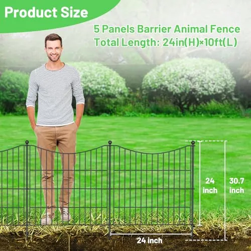 5 Panels No Dig Decorative Outdoor Garden Fence for Yard, 24 in(H) X 10 ft(L) Animal Barrier Fencing Rustproof Metal Wire Panel Border for Dog, Rabbits, and Patio Temporary Ground Stakes Defense