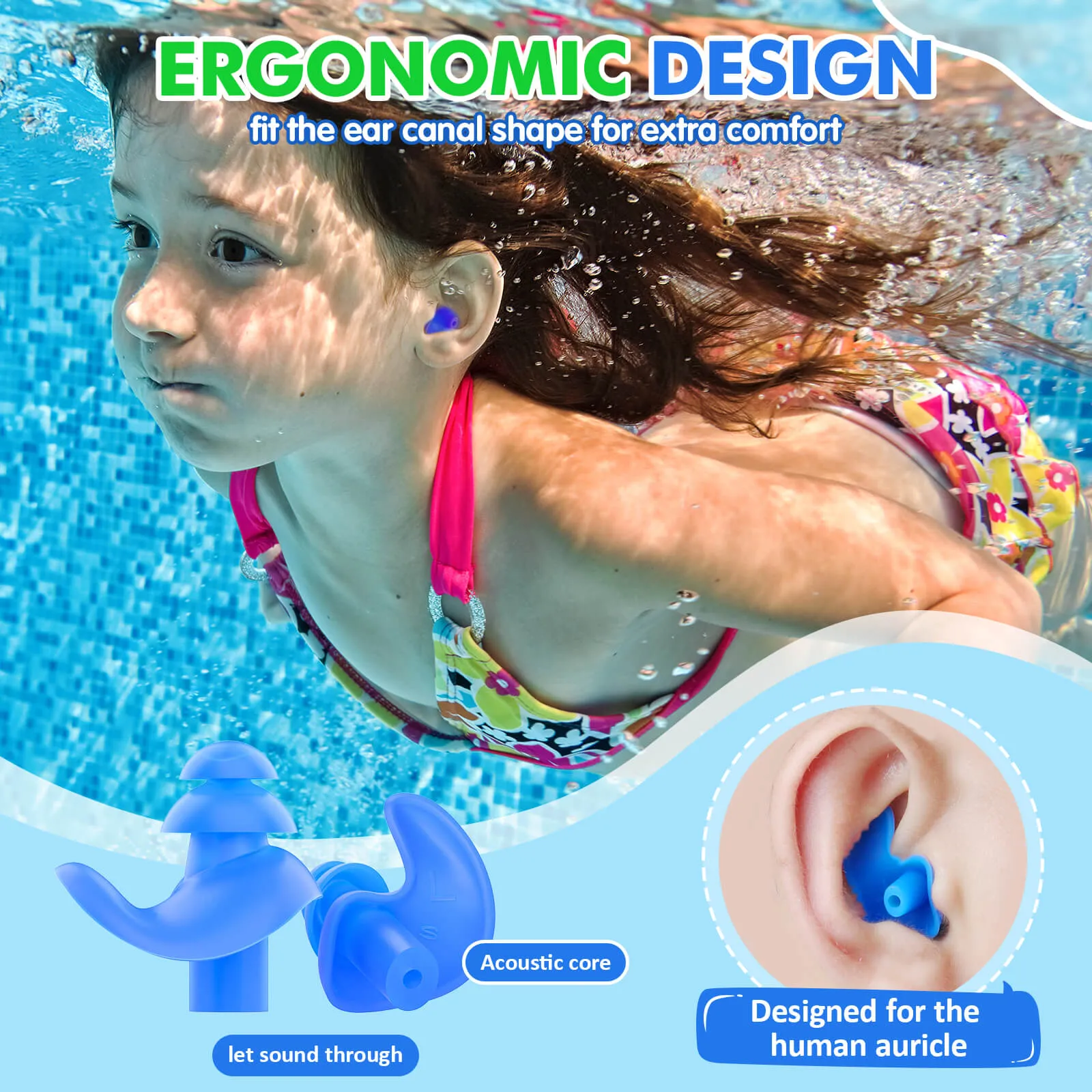 Aquaproof Plus Kids - Hearprotek 3 Pairs Soft Silicone Swimming Ear Plugs for Kids