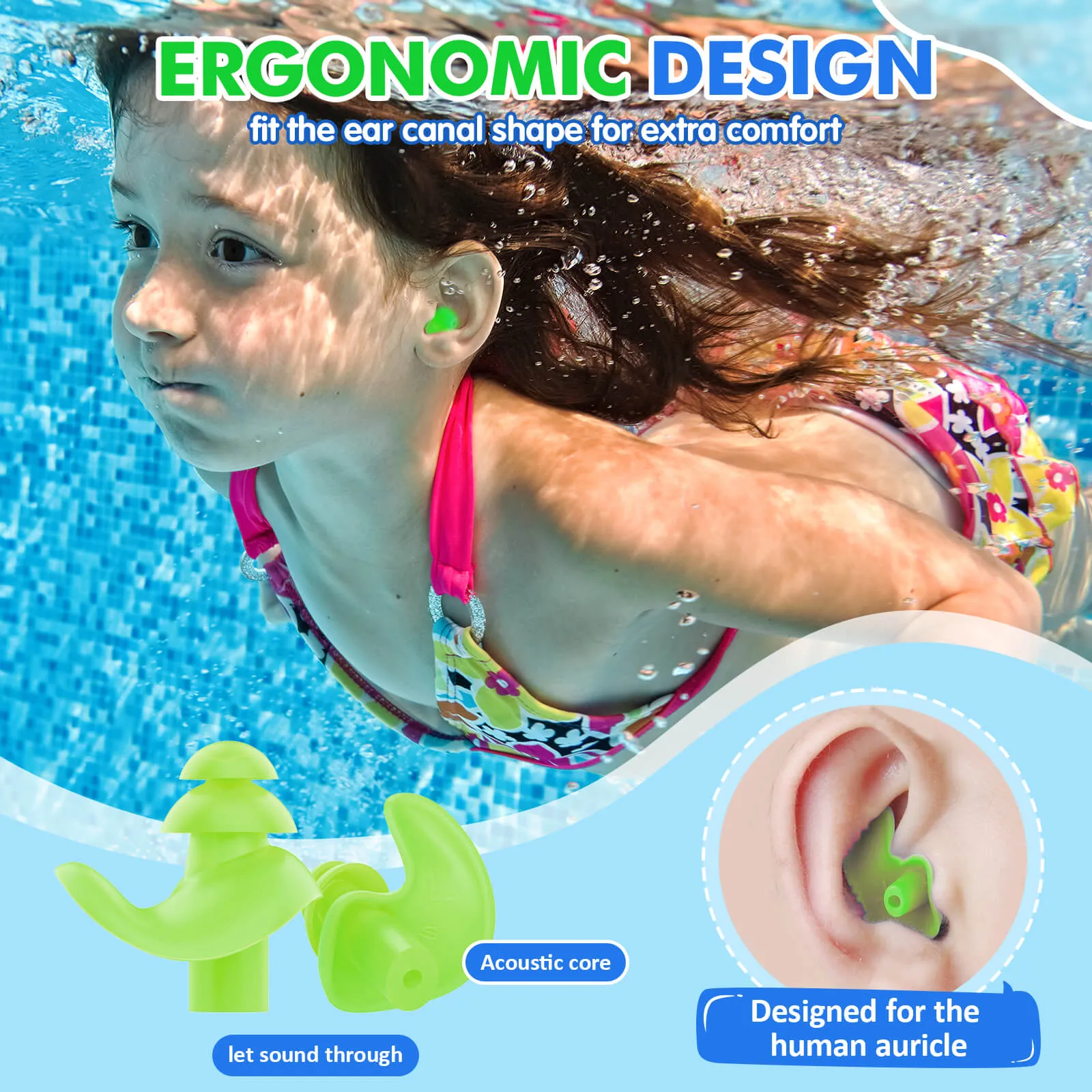 Aquaproof Plus Kids - Hearprotek 3 Pairs Soft Silicone Swimming Ear Plugs for Kids