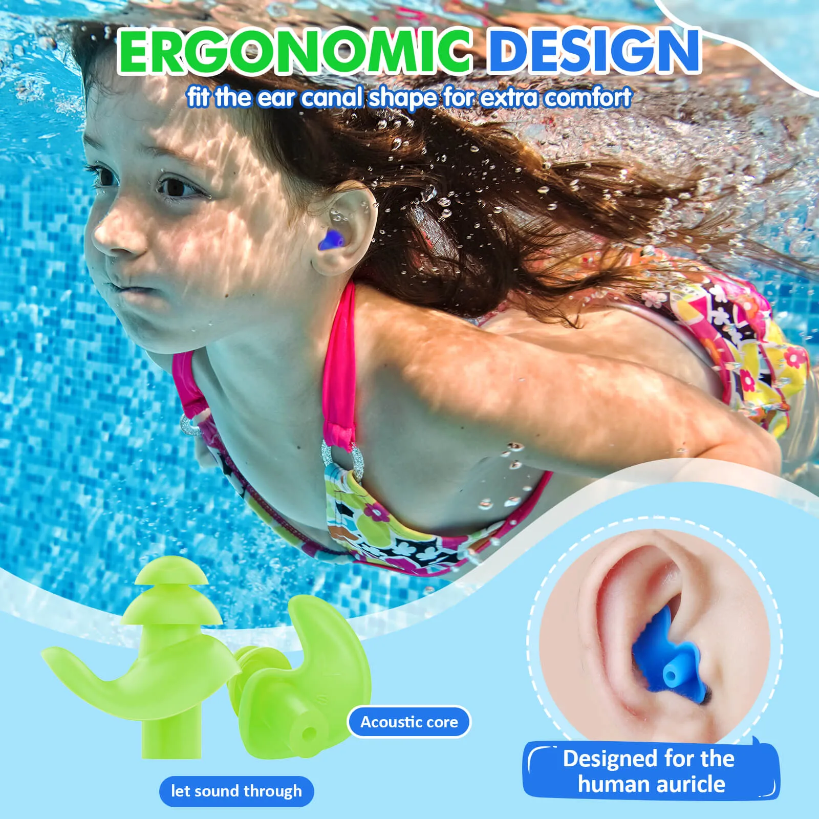 Aquaproof Plus Kids - Hearprotek 3 Pairs Soft Silicone Swimming Ear Plugs for Kids