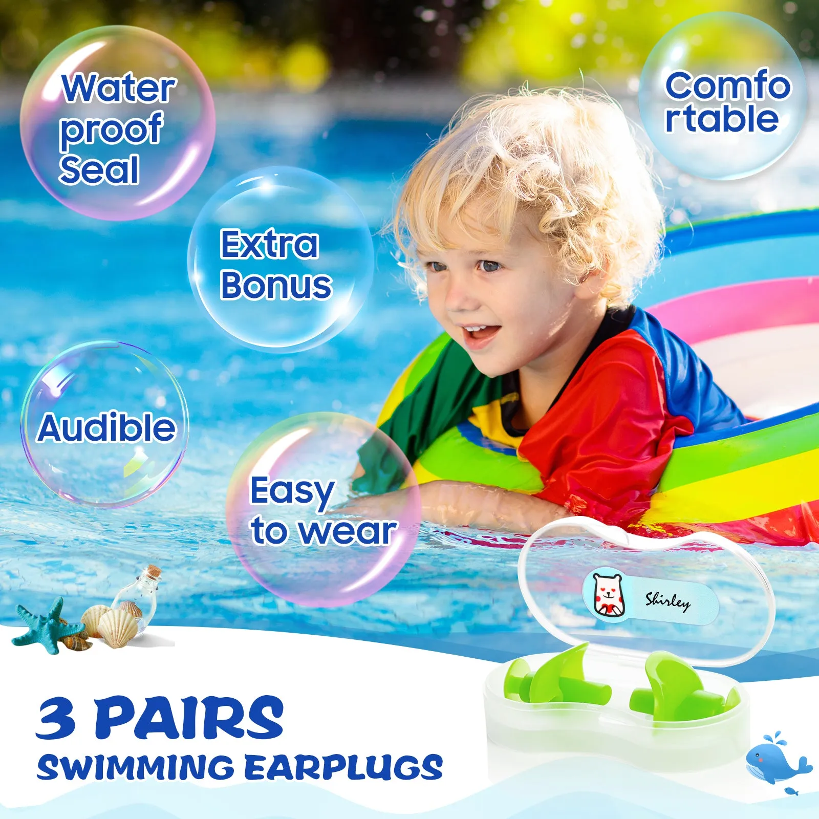 AquaResist Kids - Hearprotek 3 Pairs Waterproof Reusable Swimming Ear Plugs for Kids