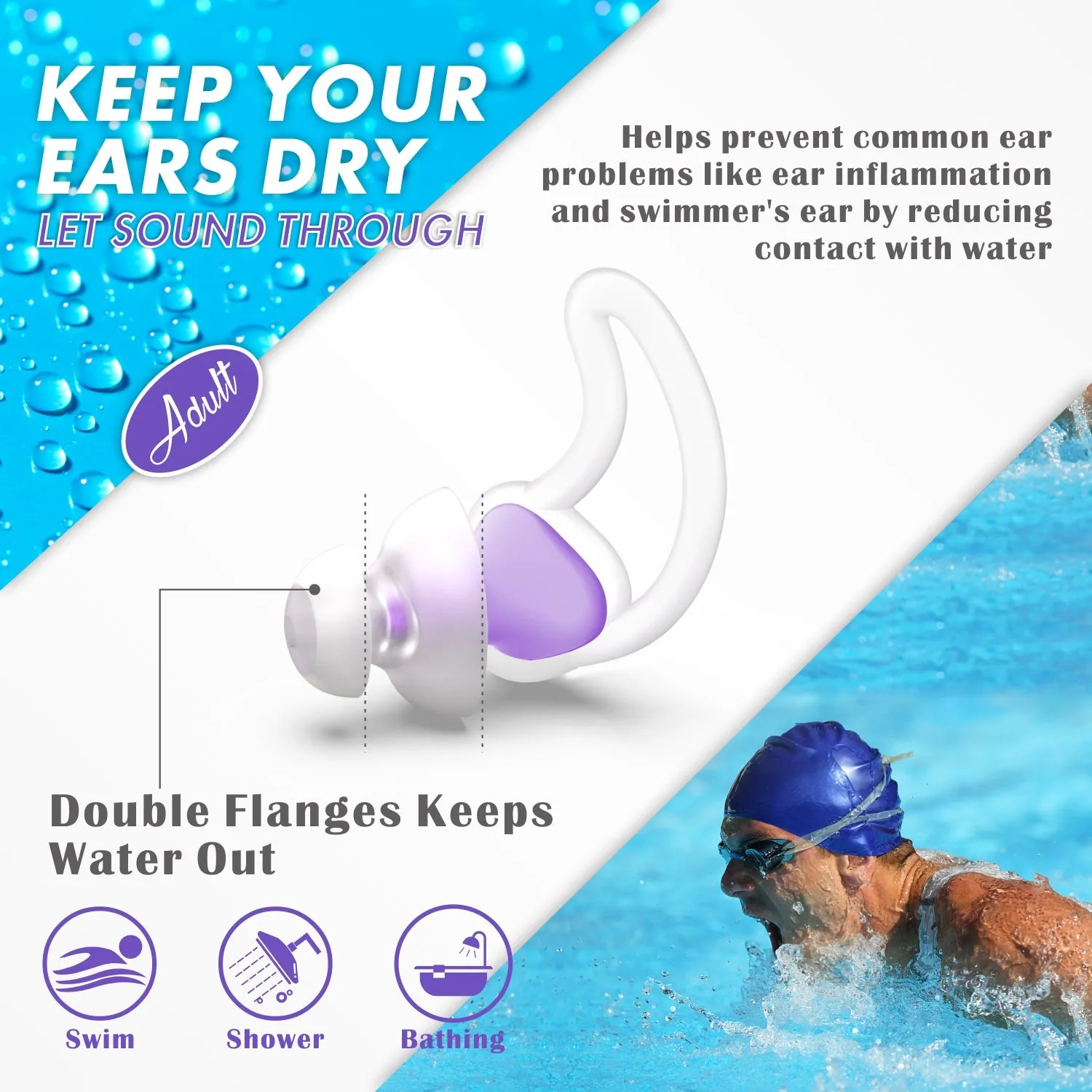 Fin-like - Hearprotek 2 Pairs Custom-fit Swimming Ear Plugs for Adults