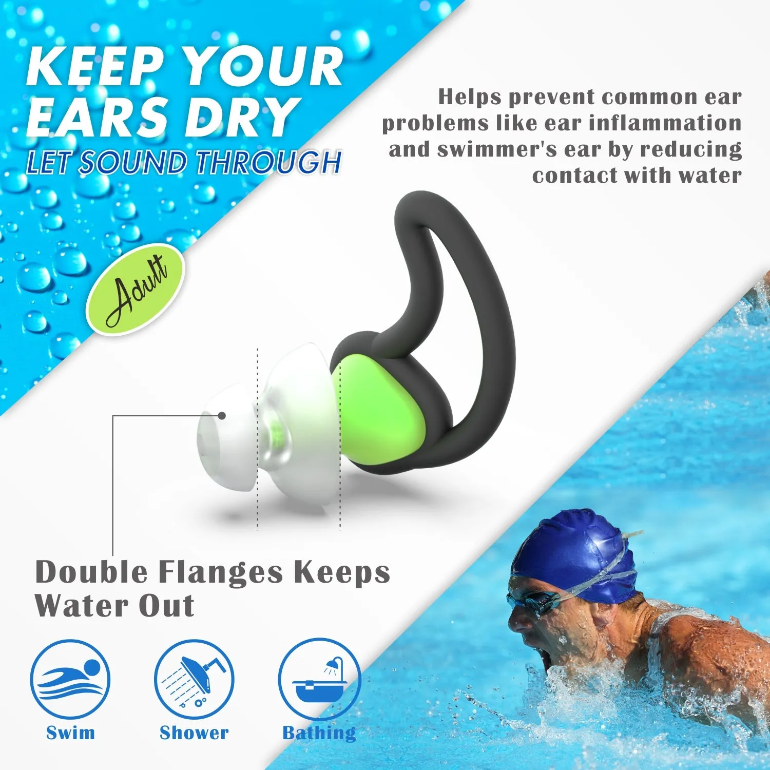 Fin-like - Hearprotek 2 Pairs Custom-fit Swimming Ear Plugs for Adults