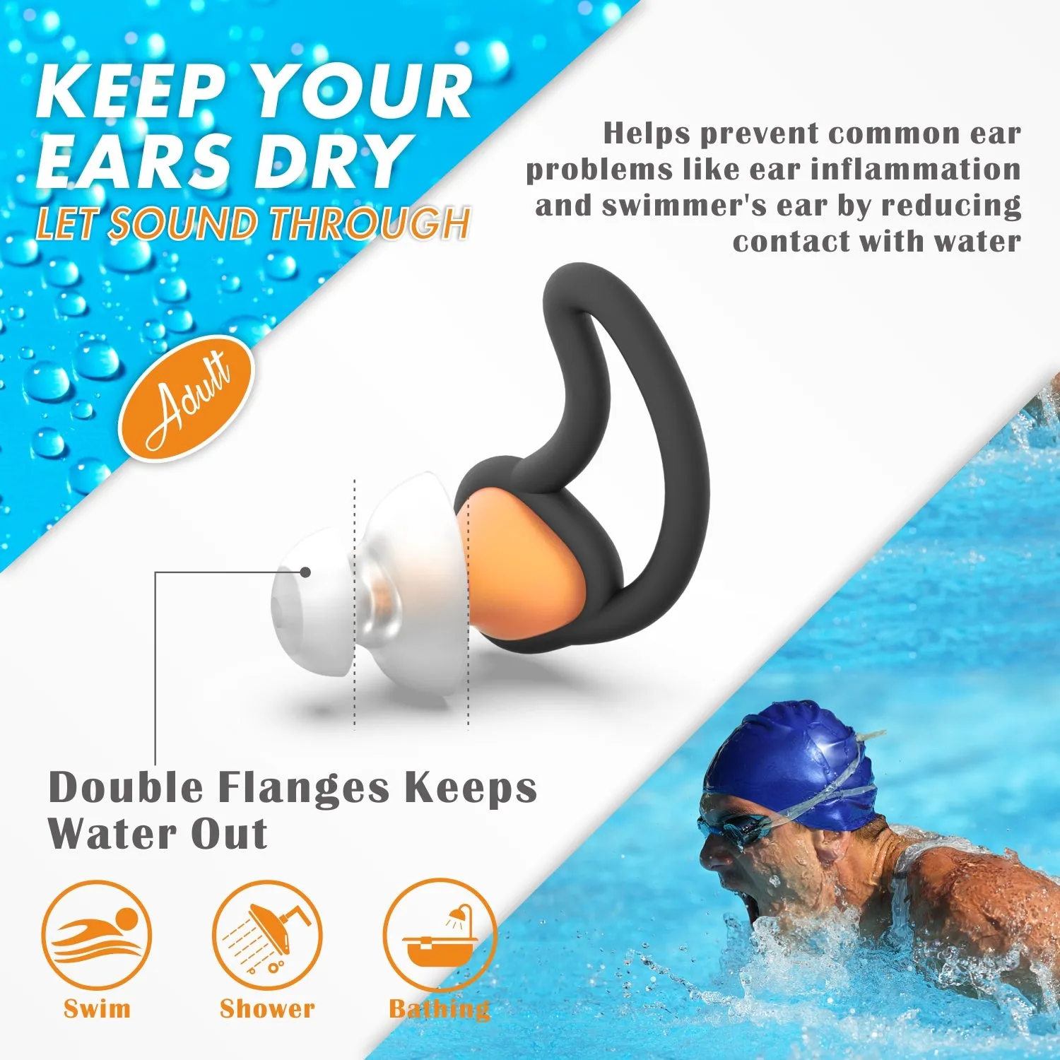 Fin-like - Hearprotek 2 Pairs Custom-fit Swimming Ear Plugs for Adults