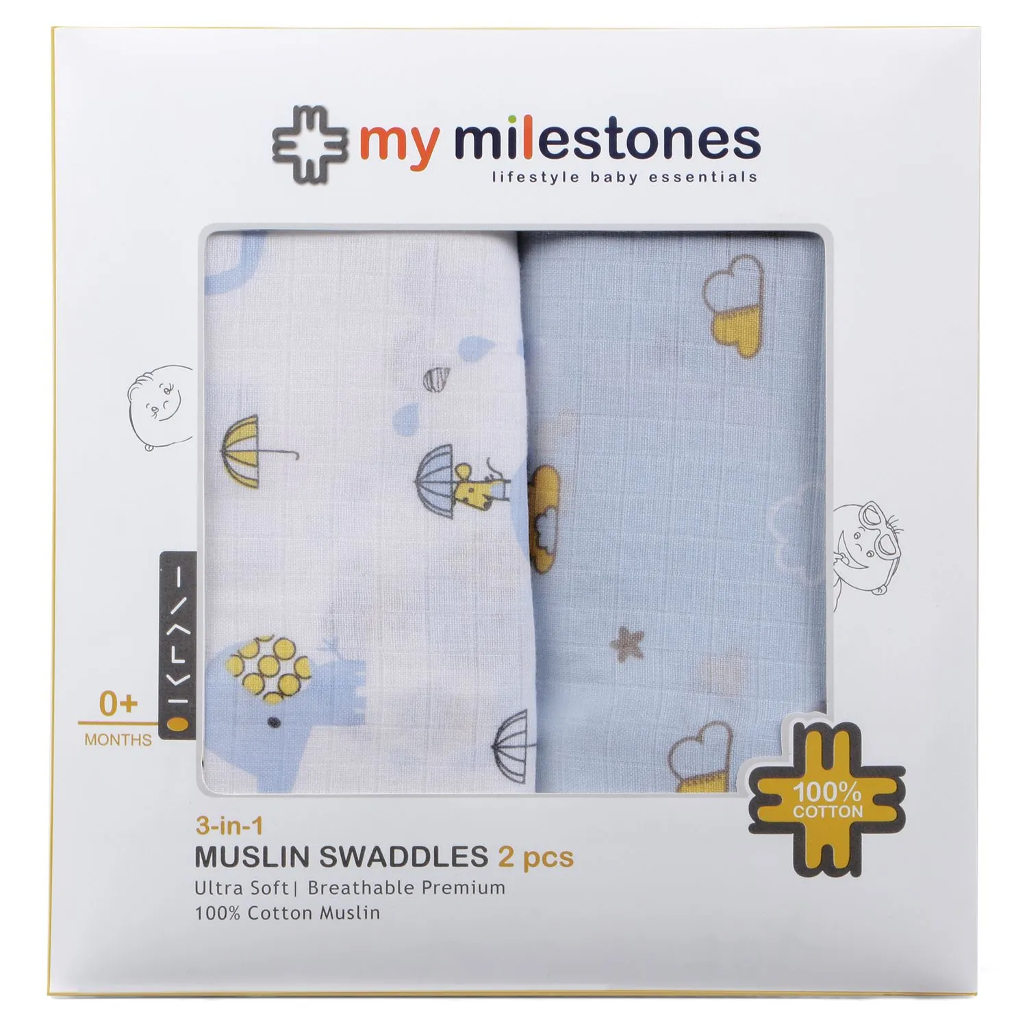 Muslin Swaddle - 2Pc Set - Cloud/Elephant Print