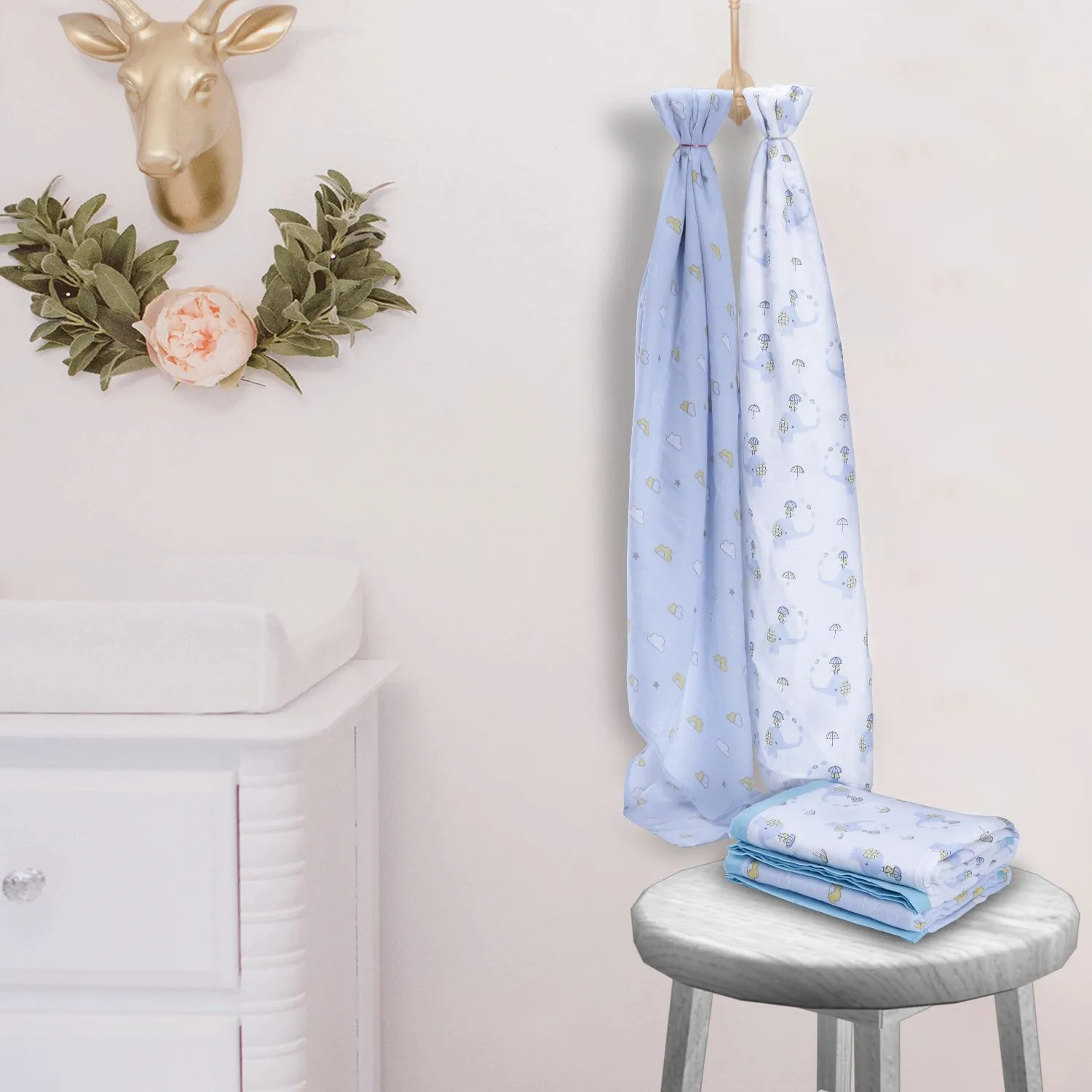 Muslin Swaddle - 2Pc Set - Cloud/Elephant Print