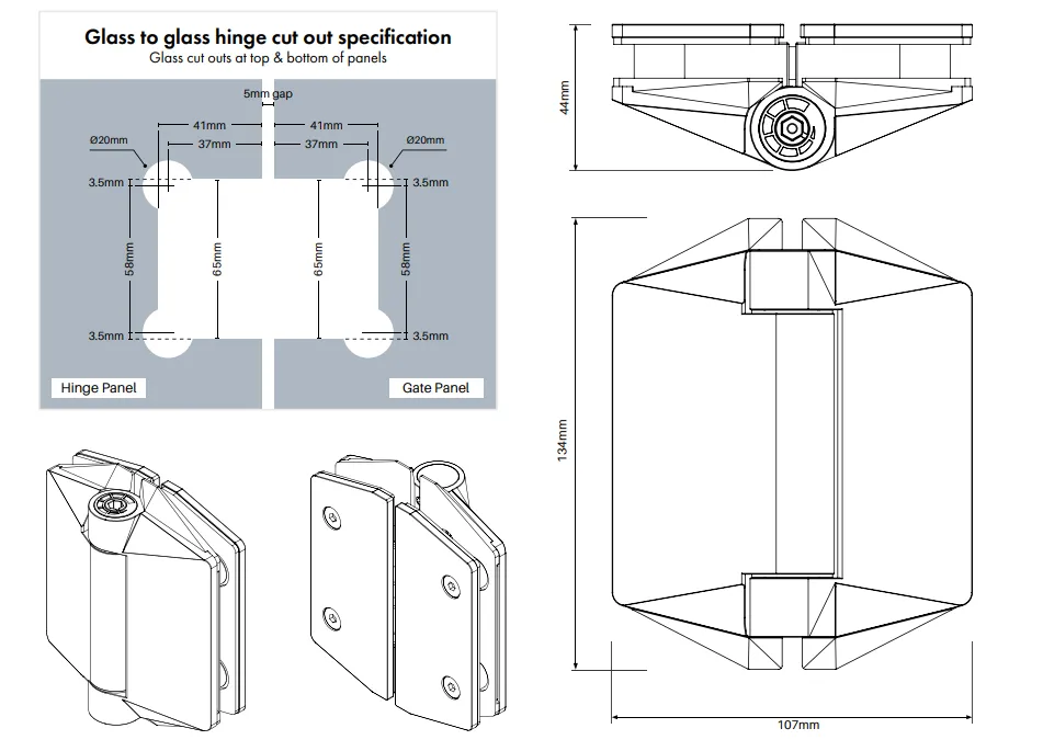 Polaris 125 Soft Close Hinge - 1 Pair, Self Closing Pool Fence Glass Gate