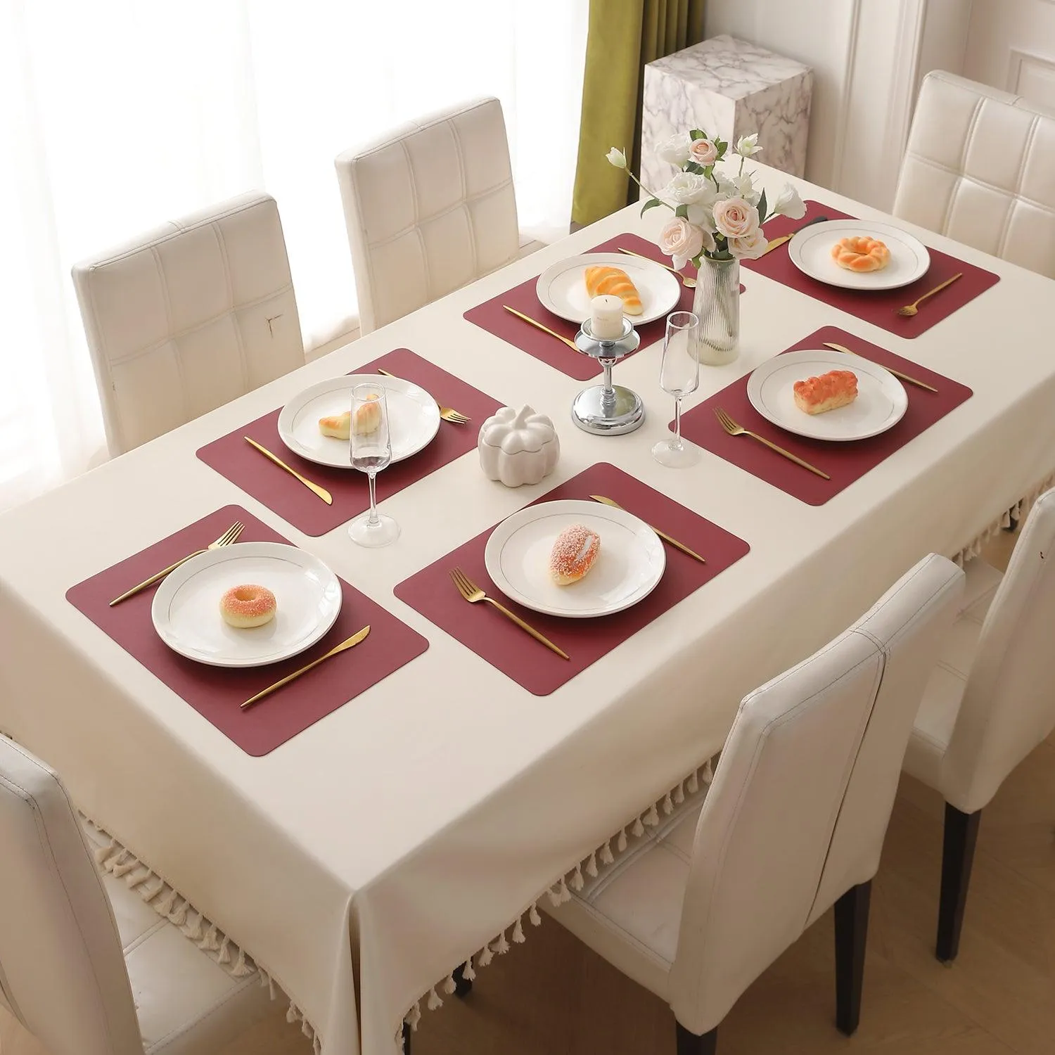 Premium Faux Leather Dining Table Mats, Dark Red