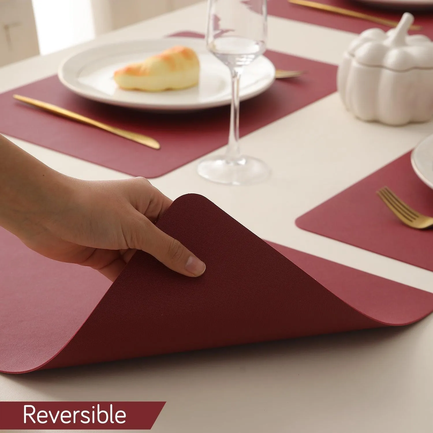 Premium Faux Leather Dining Table Mats, Dark Red