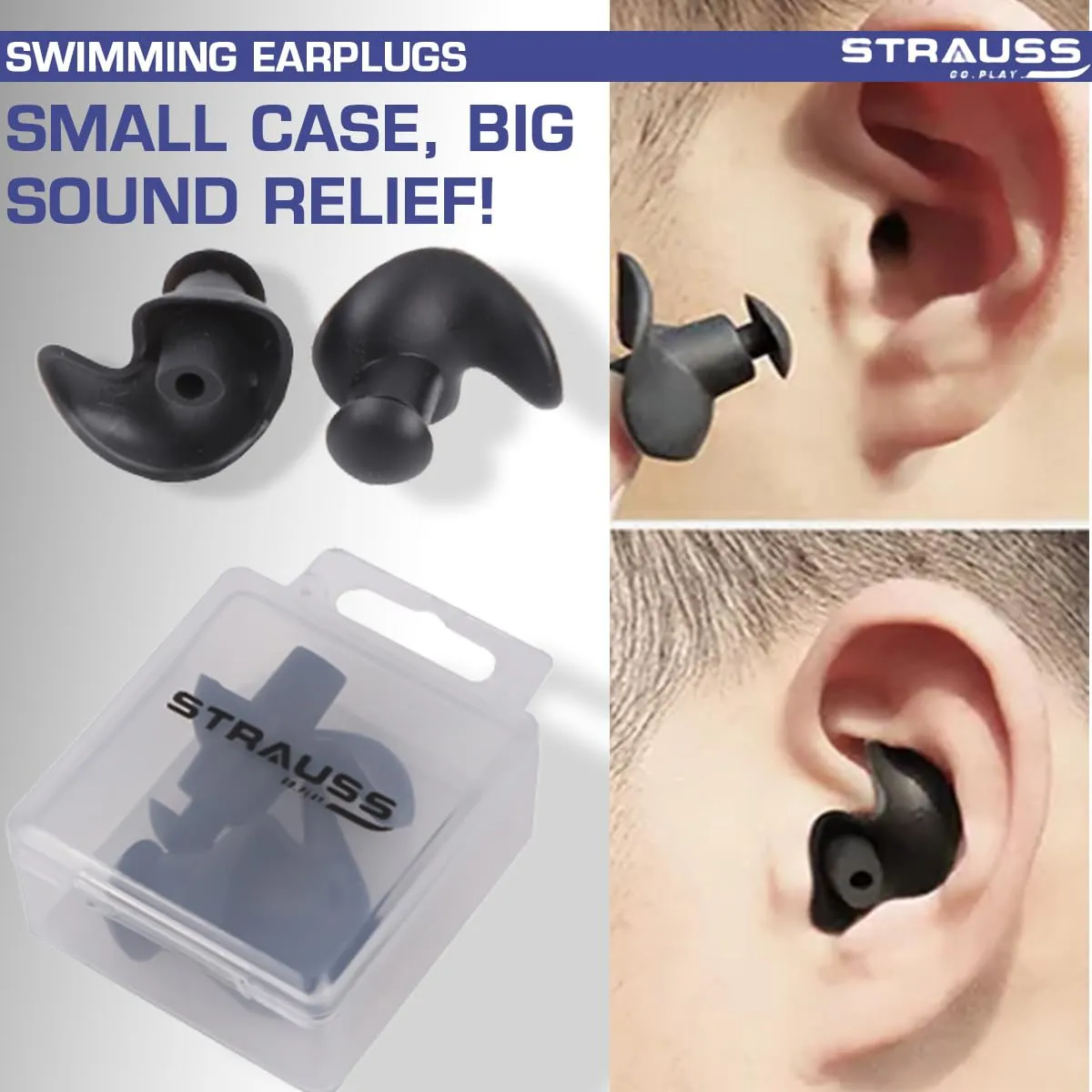 Strauss Swimming Earplugs | Waterproof and Reusable Silicone Swimming Ear Plugs|Noise Cancellation, Soundproof Earplug Can Be Used For Swimming,Flight Travel and| Suitable for Kids and Adults,(Black)